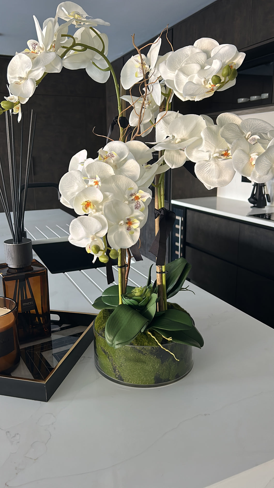 Flat Glass Bowl Faux Orchid